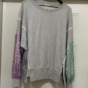 Peach Love California Gray Sweatshirt with Sequin Sleeves. NWT Size M